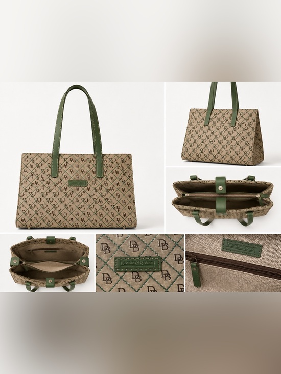 Dooney & Bourke Handbags - Dooney & Bourke DB Monogram Tote Bag Beige Green Shoulder Purse